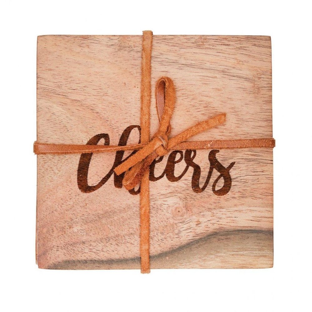 NWT C&F Home Brown CHEERS Wood Coasters - Set Of 4